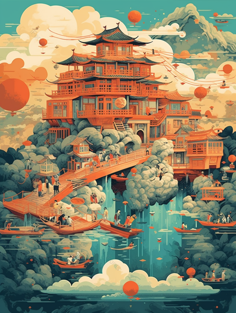 国潮秀美国风建筑楼阁山水背景,插画/手绘图,插画/手绘图库,插画/手绘图下载,插画/手绘